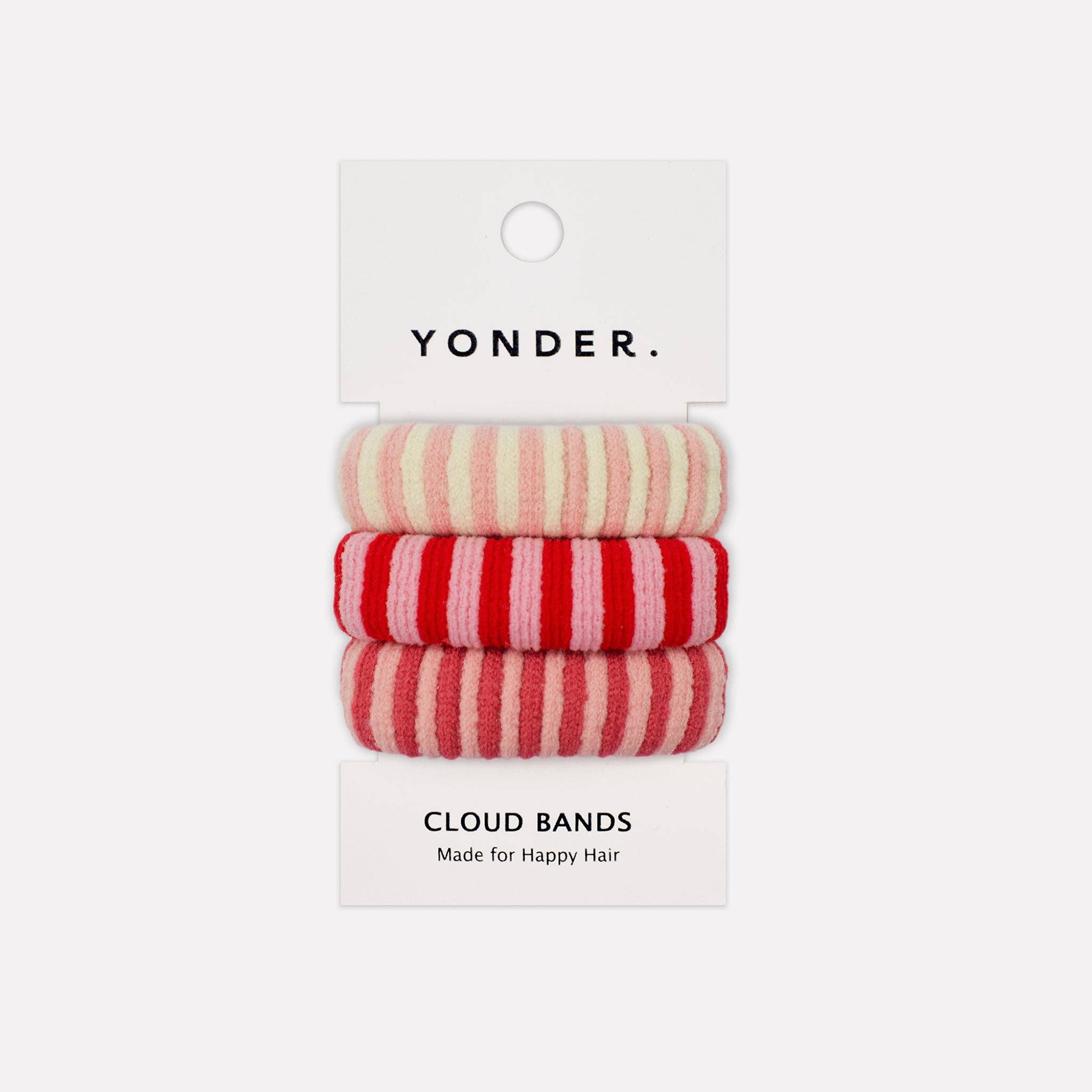 Three striped hair bands on a Yonder branded card with a white background