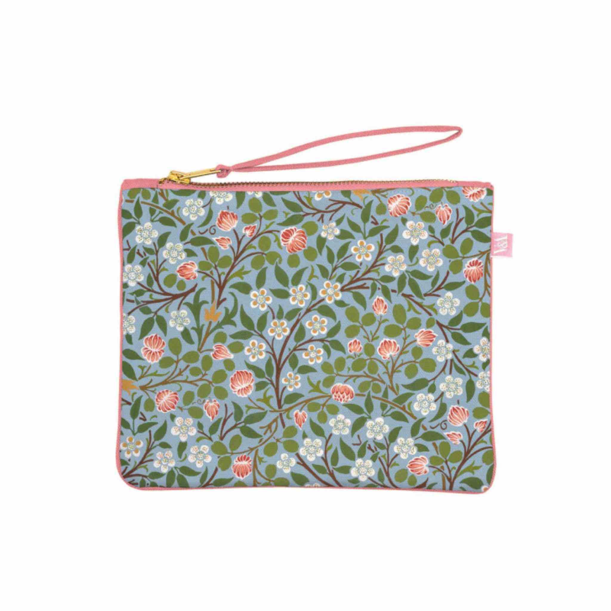 Floral patterned pouch with a pink strap on a white background
