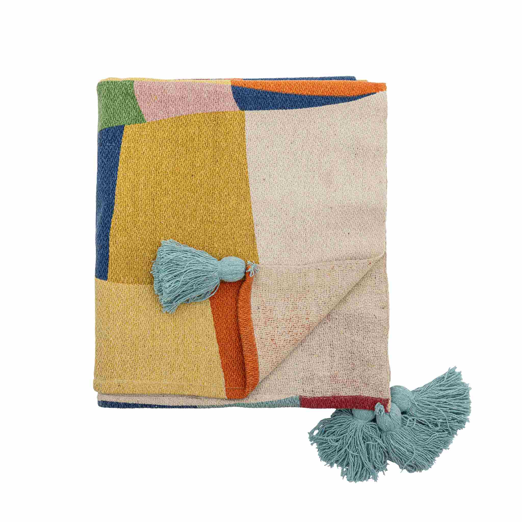 Colorful blanket with geometric pattern and tassels on a white background