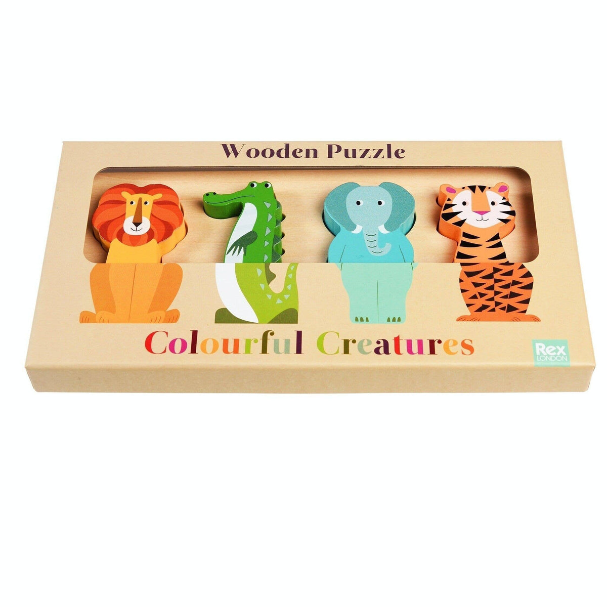 A wooden animal puzzle set, featuring four colorful wooden animal pieces: a lion, a crocodile, an elephant, and a tiger