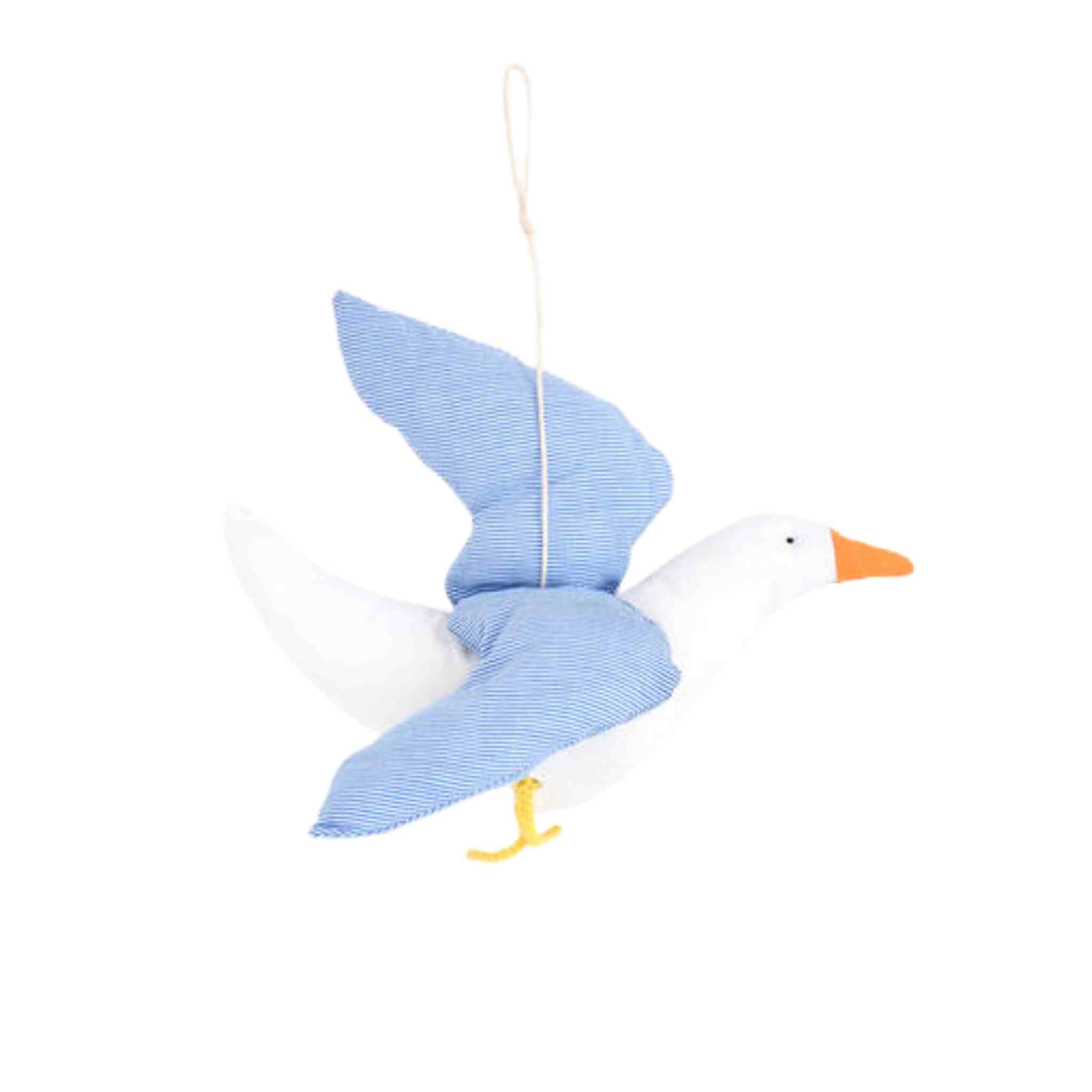 Decorative seagull ornament with blue feathers on a white background