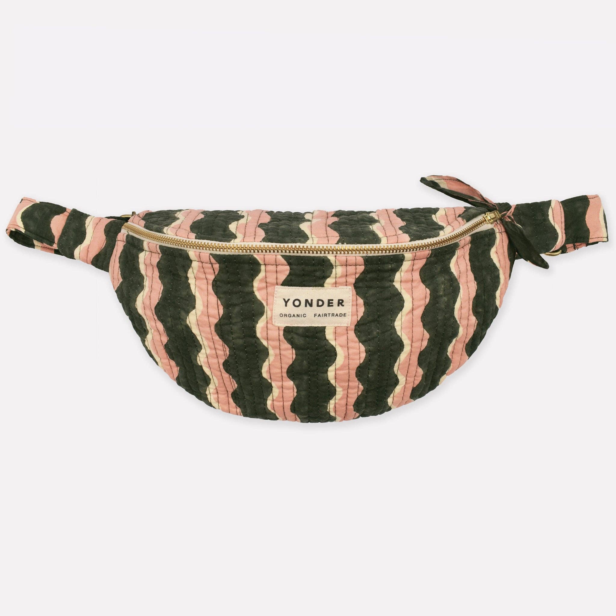 Striped fanny pack with 'Yonder' branding on a white background