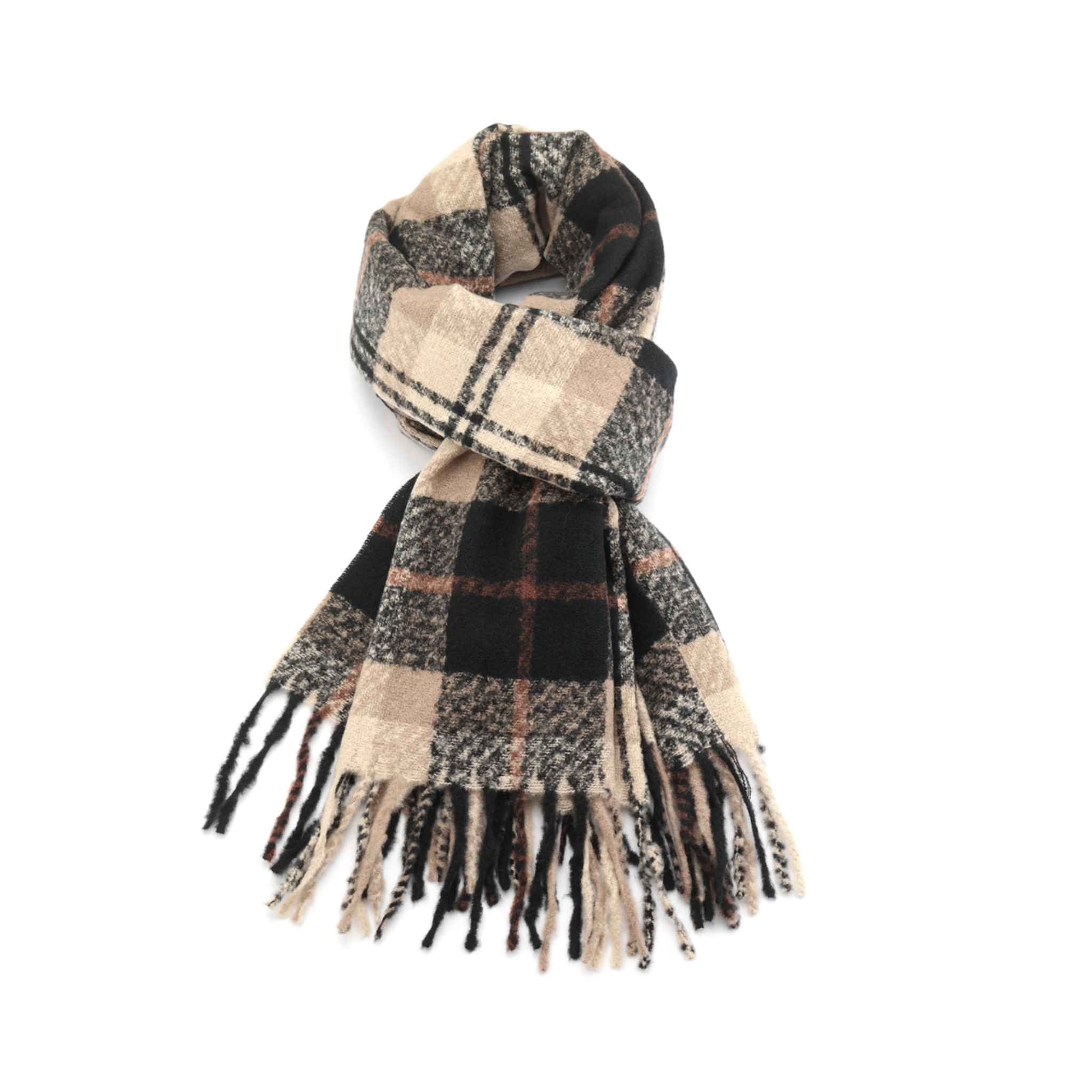 A plaid scarf with black, beige, and brown checkered patterns and fringed ends, displayed on a white background.