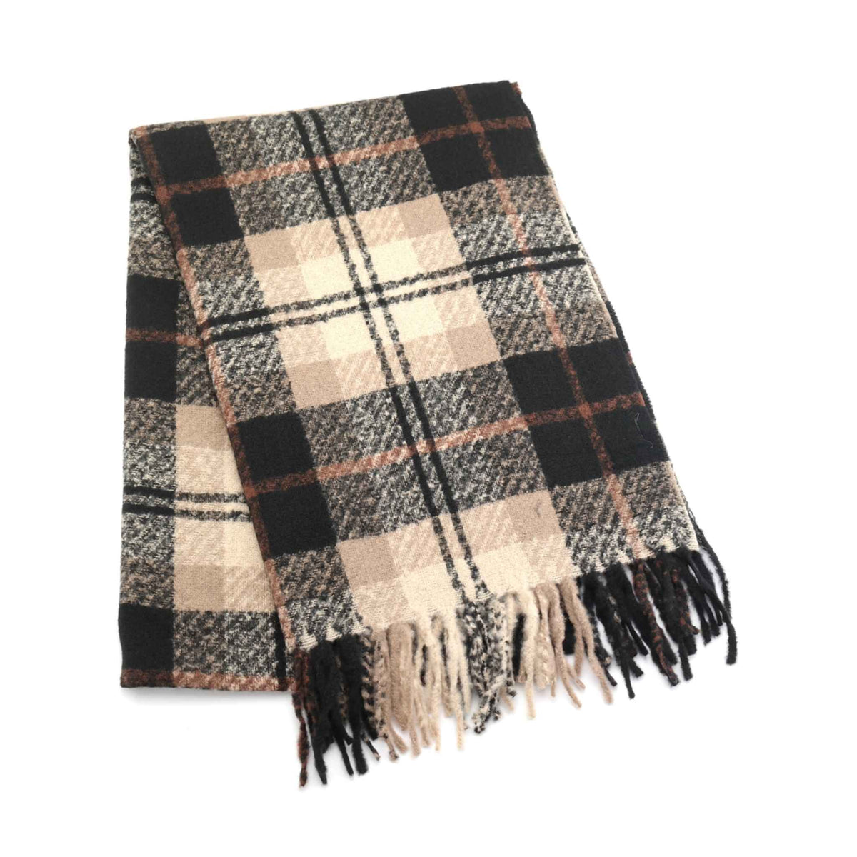 A folded plaid scarf with fringe, featuring a pattern of black, beige, and brown squares on a white background.