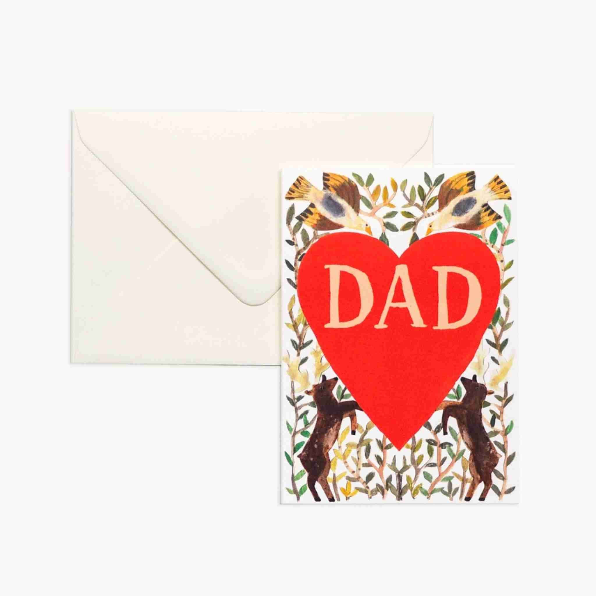 Card with 'DAD' on a red heart surrounded by animals and leaves, with an envelope.