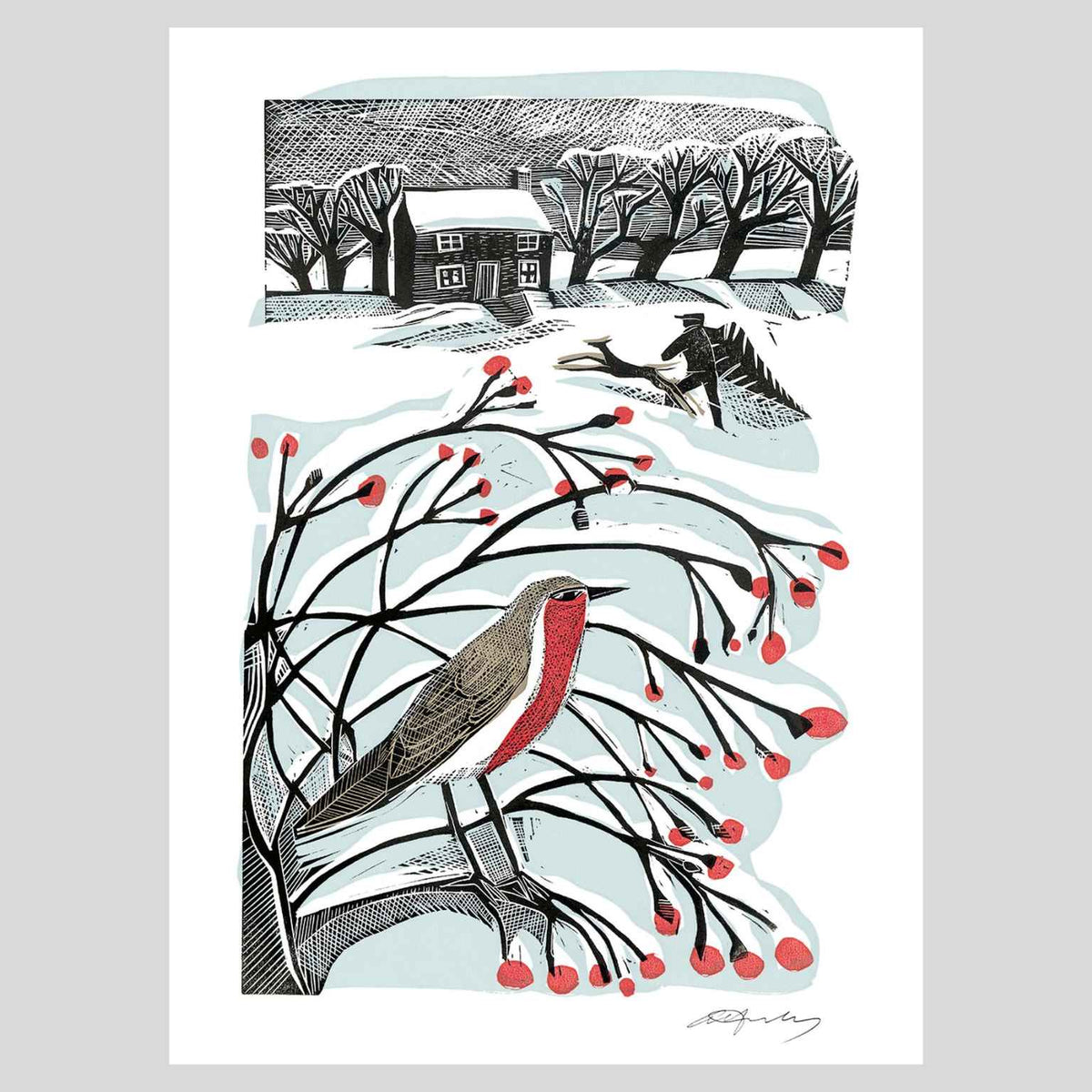 A christmas card featuring Angela Harding's artwork 'Bringing Back the Tree'.