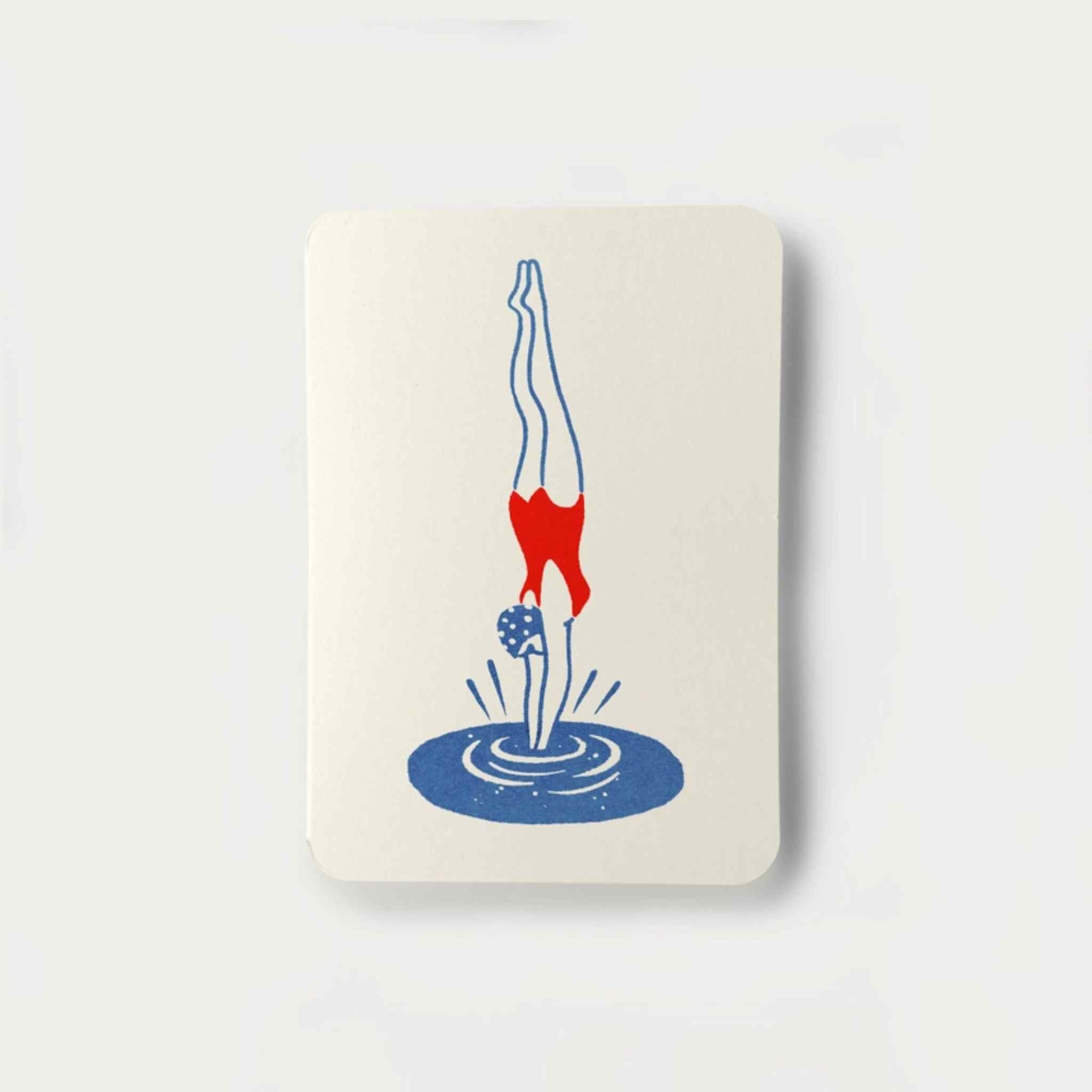 card with a diving illustration on a white background