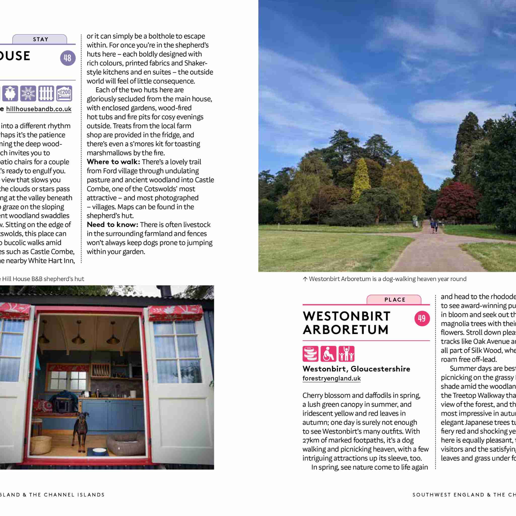 Magazine layout with a house interior and outdoor scene at Westonbirt Arboretum.