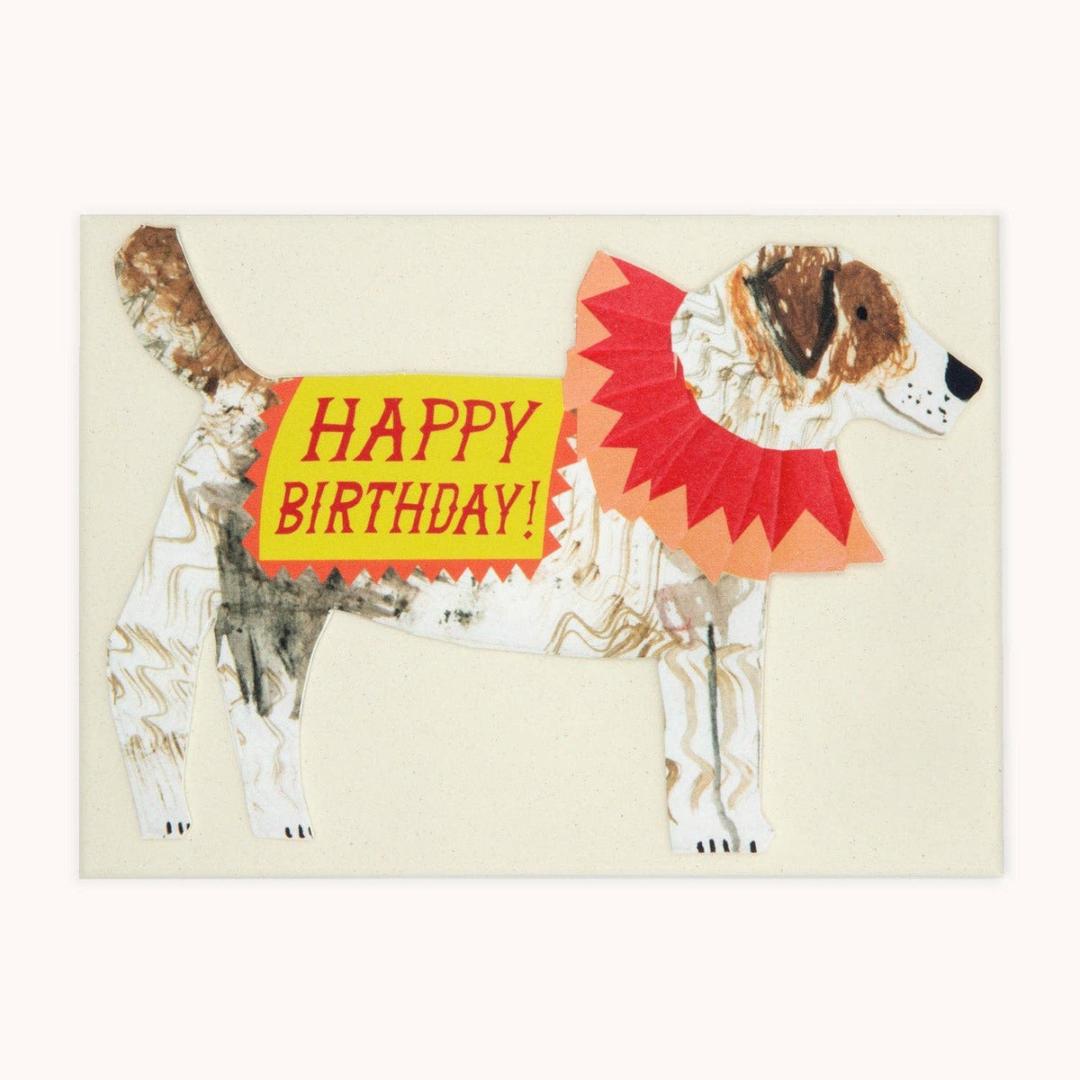 Birthday card with a dog design and 'Happy Birthday!' text on a beige background