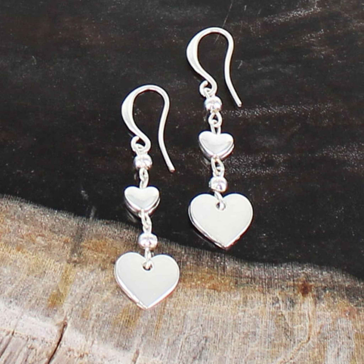 Double Heart Drop Charm Earrings | Silver Plate
