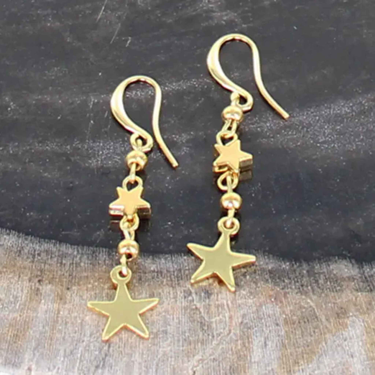 Double Star Drop Charm Earrings | Gold Plate