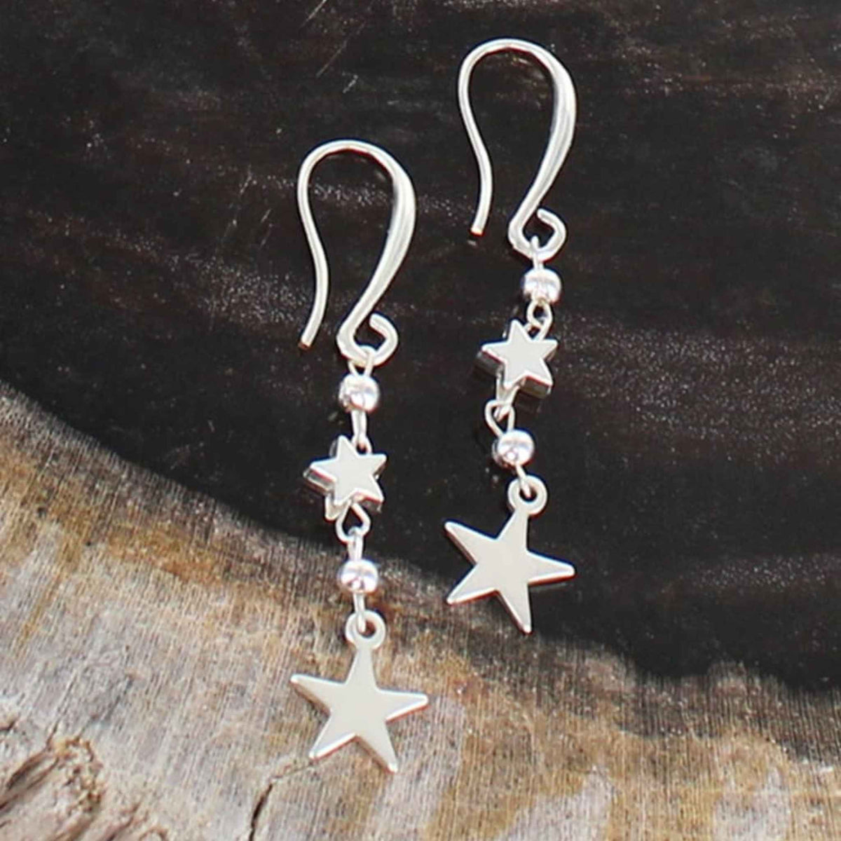 Double Star Drop Charm Earrings | Silver Plate