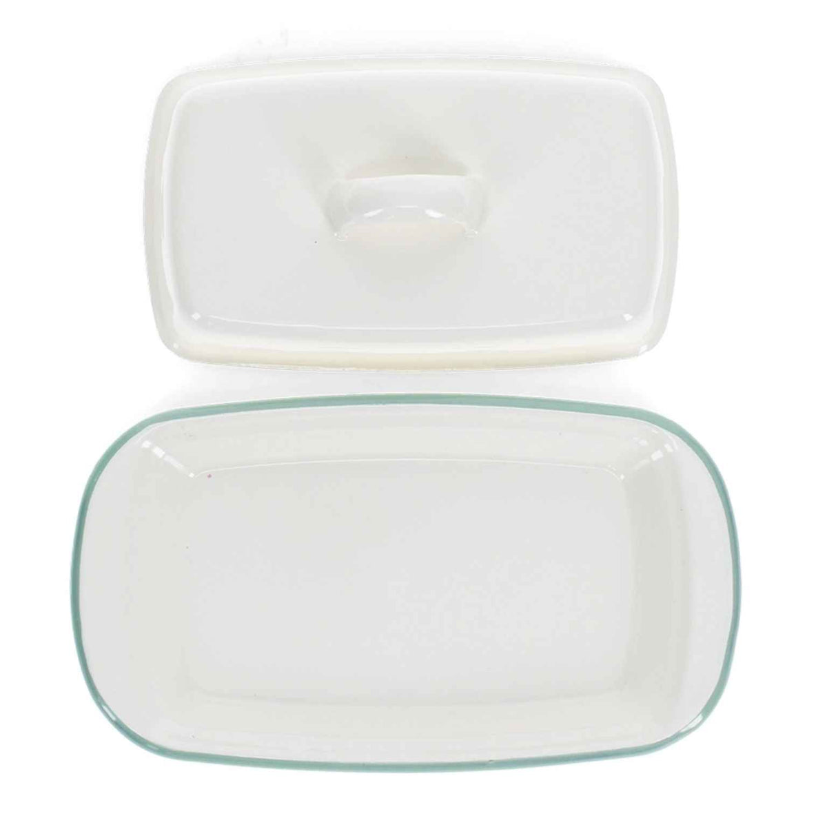 A white rectangular ceramic butter dish with rounded corners and a matching lid, shown from above on a white background.