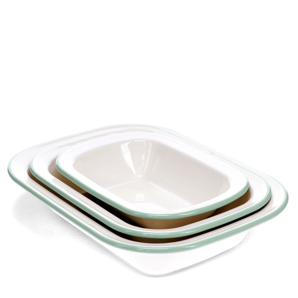 Set of three ceramic baking dishes with green rims on a white background