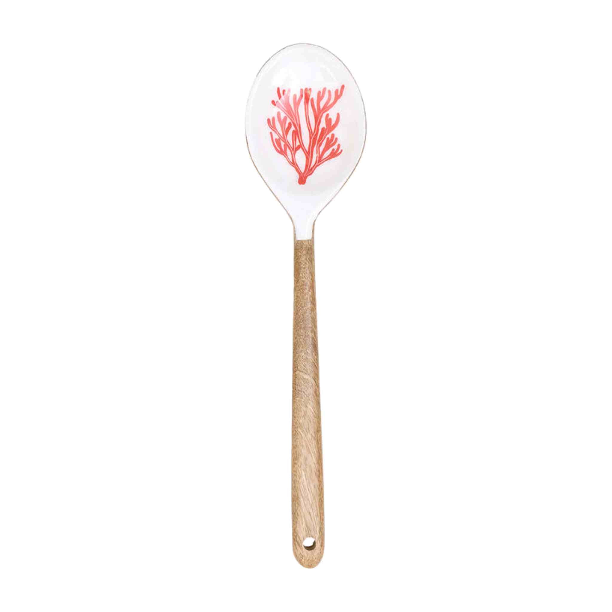 Spoon with red coral design on a white background