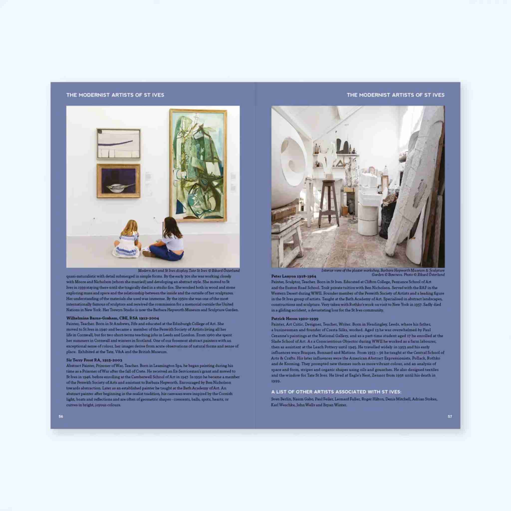 Double-page spread from a book or magazine featuring two women sitting on the floor looking at art, with text and images of an artist's studio.