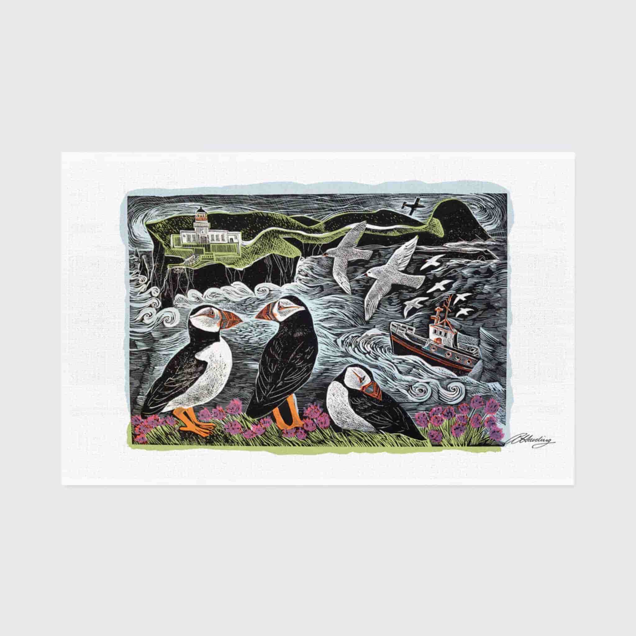 Fair Isle Puffins & Lighthouse Tea Towel