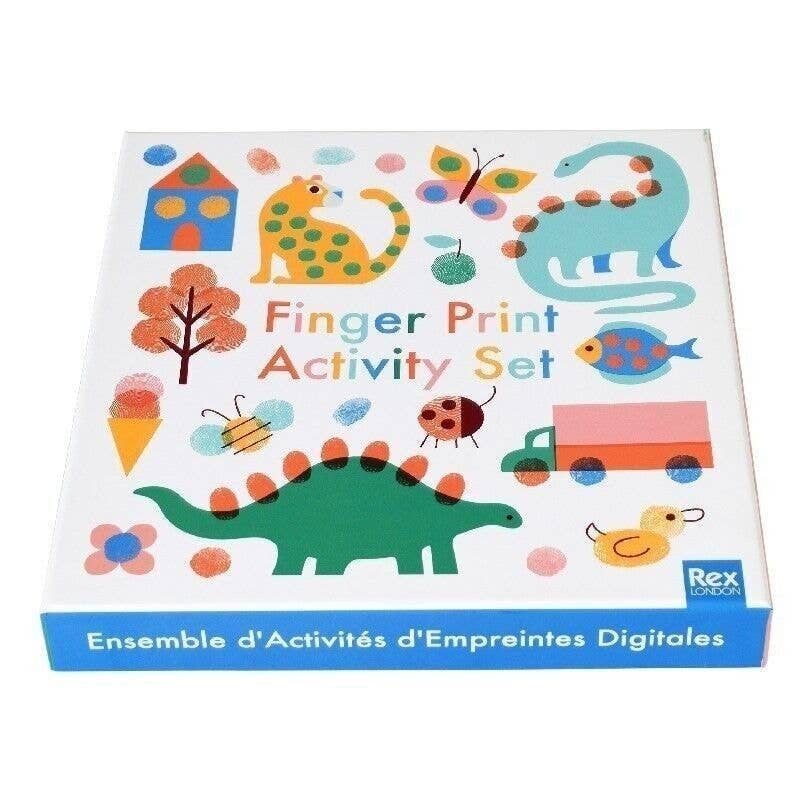 Finger print activity set packaging with colorful illustrations on a white background