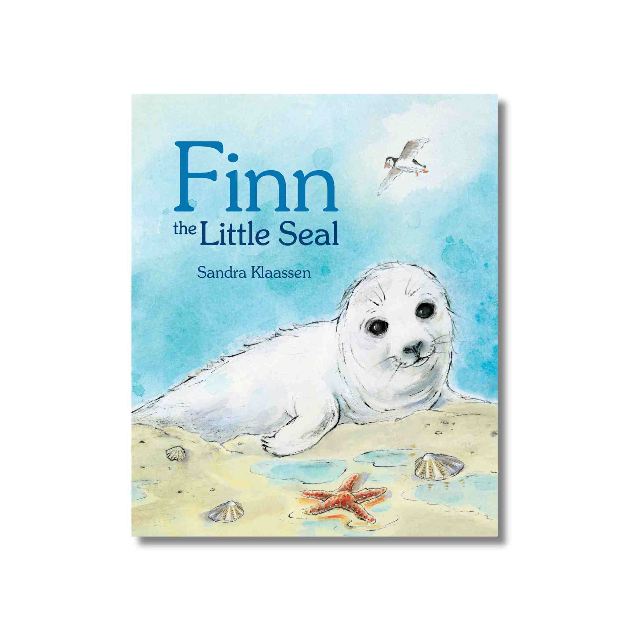 Book cover of 'Finn the Little Seal' with a seal illustration on a beach.