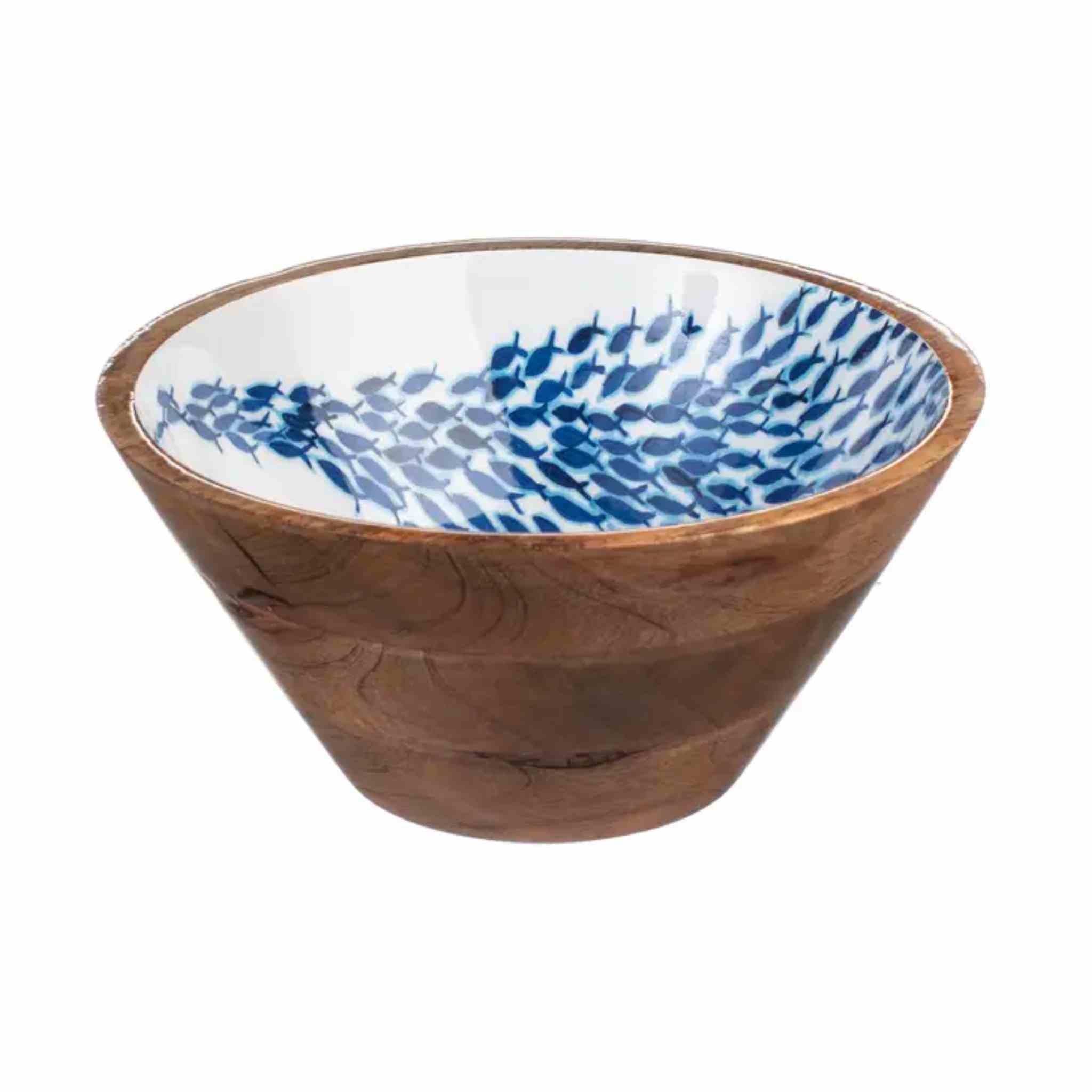 A wooden bowl with a natural brown wood-grain exterior and a white interior decorated with a blue fish pattern, shown on a plain white background.