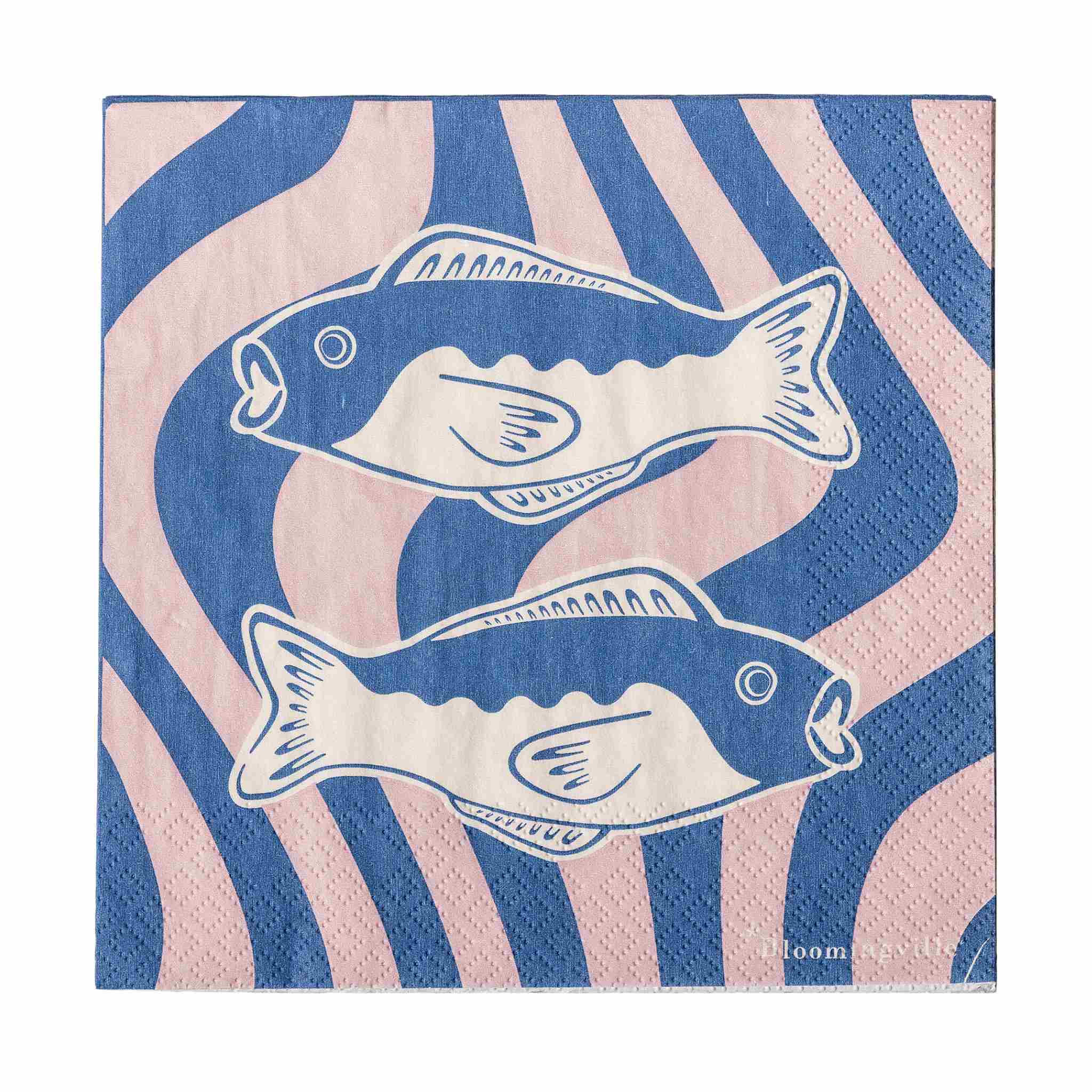 Napkin with fish design on a blue and pink striped background