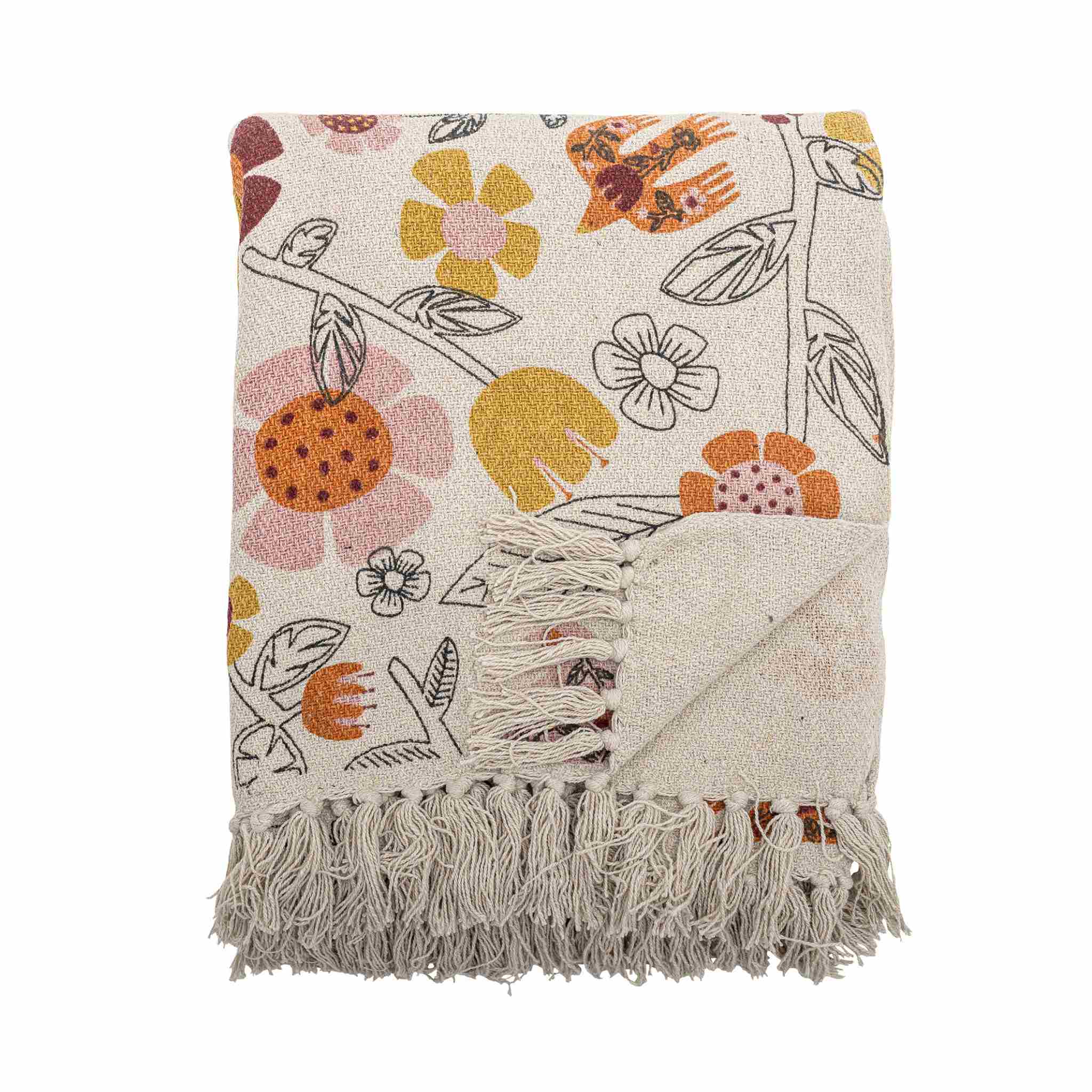 Floral patterned throw blanket with fringes on a white background