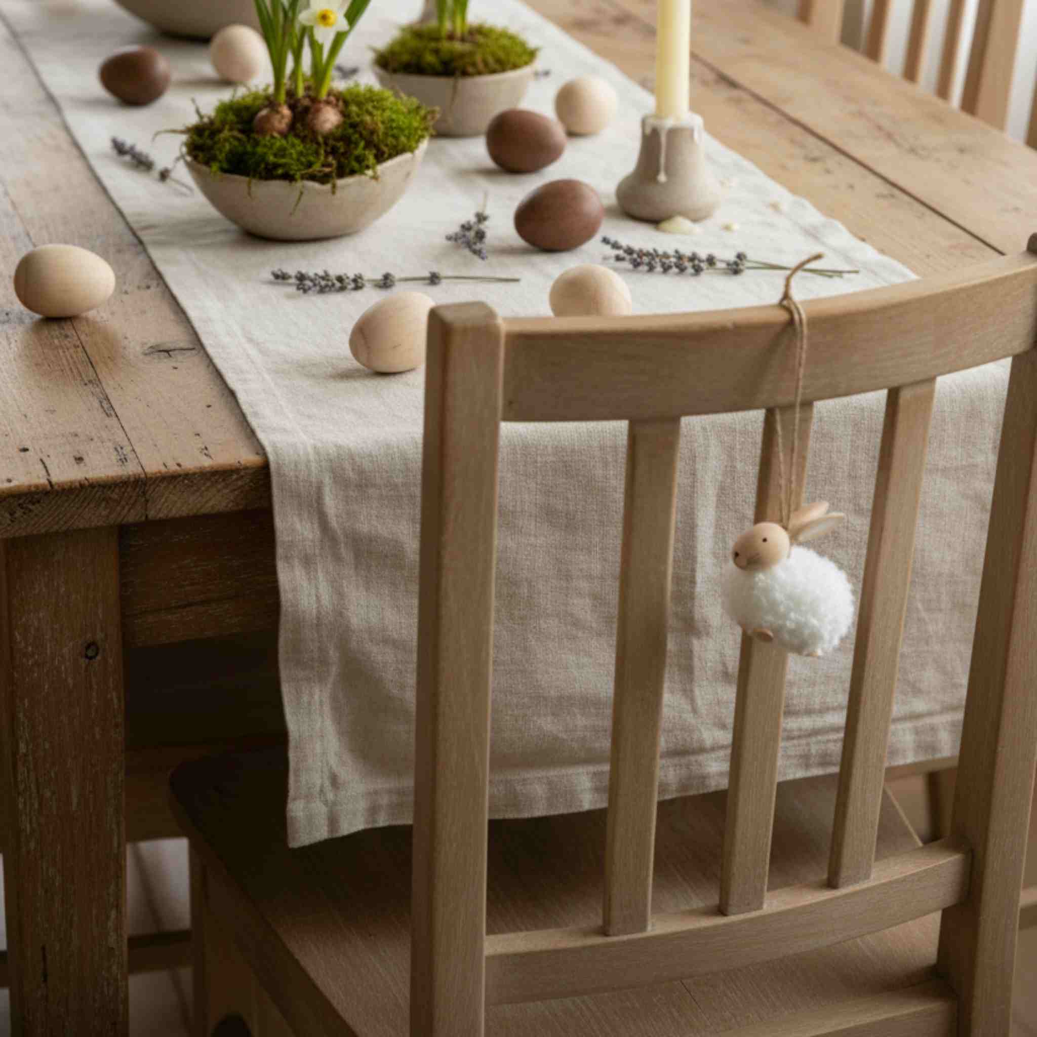 Wooden table setting with Easter decorations including eggs, moss, and a bunny figurine.