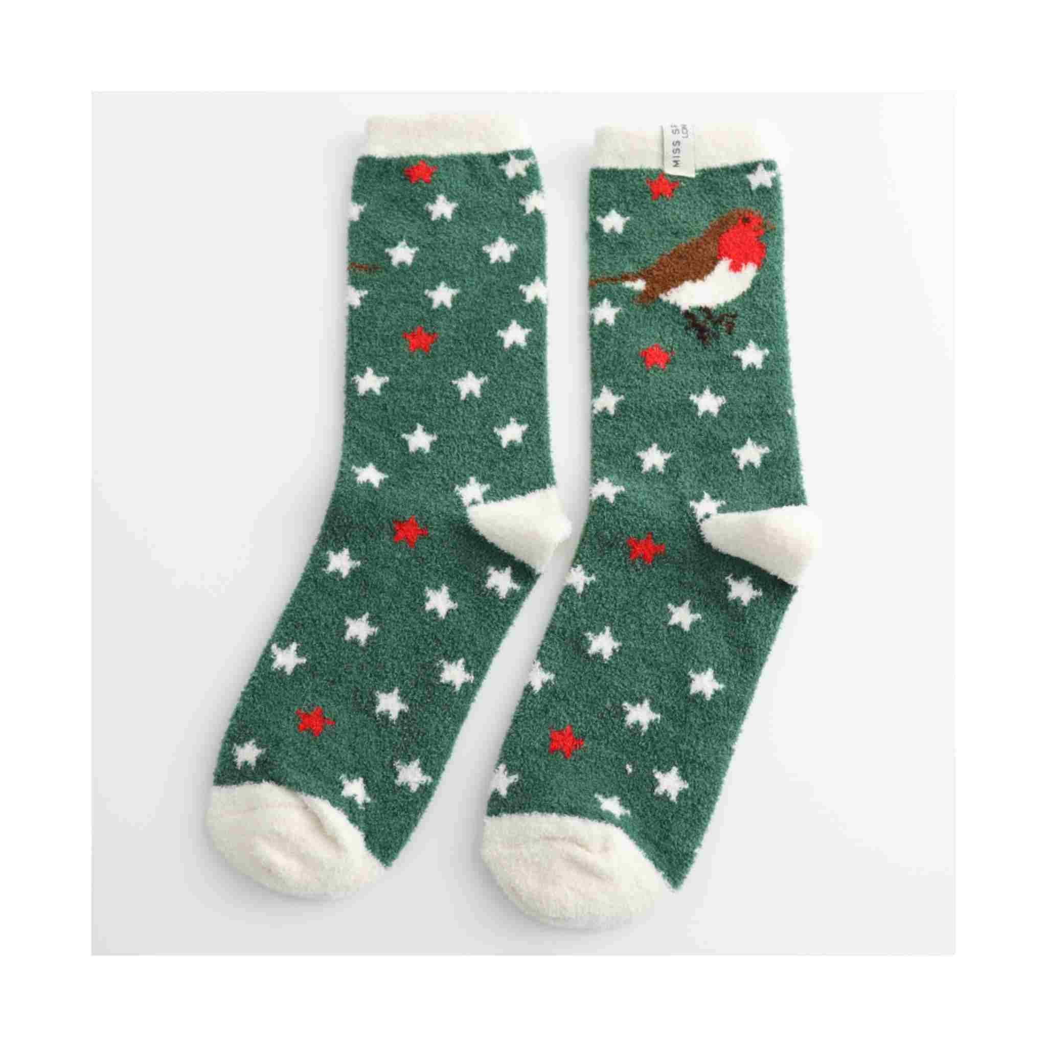 Festive Robins Fluffy Socks | Green