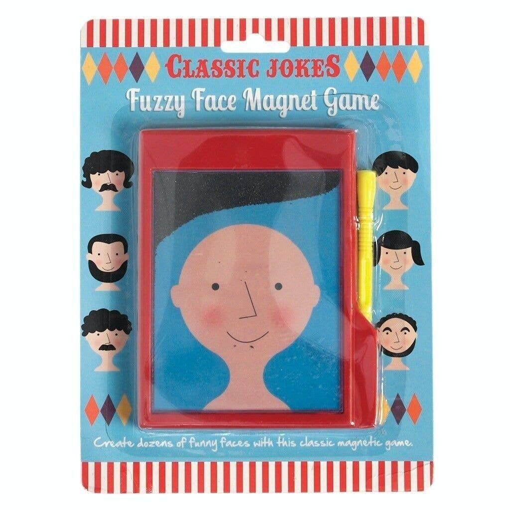 Fuzzy Face Magnet Game packaging with a cartoon face and magnetic pieces on a blue background.