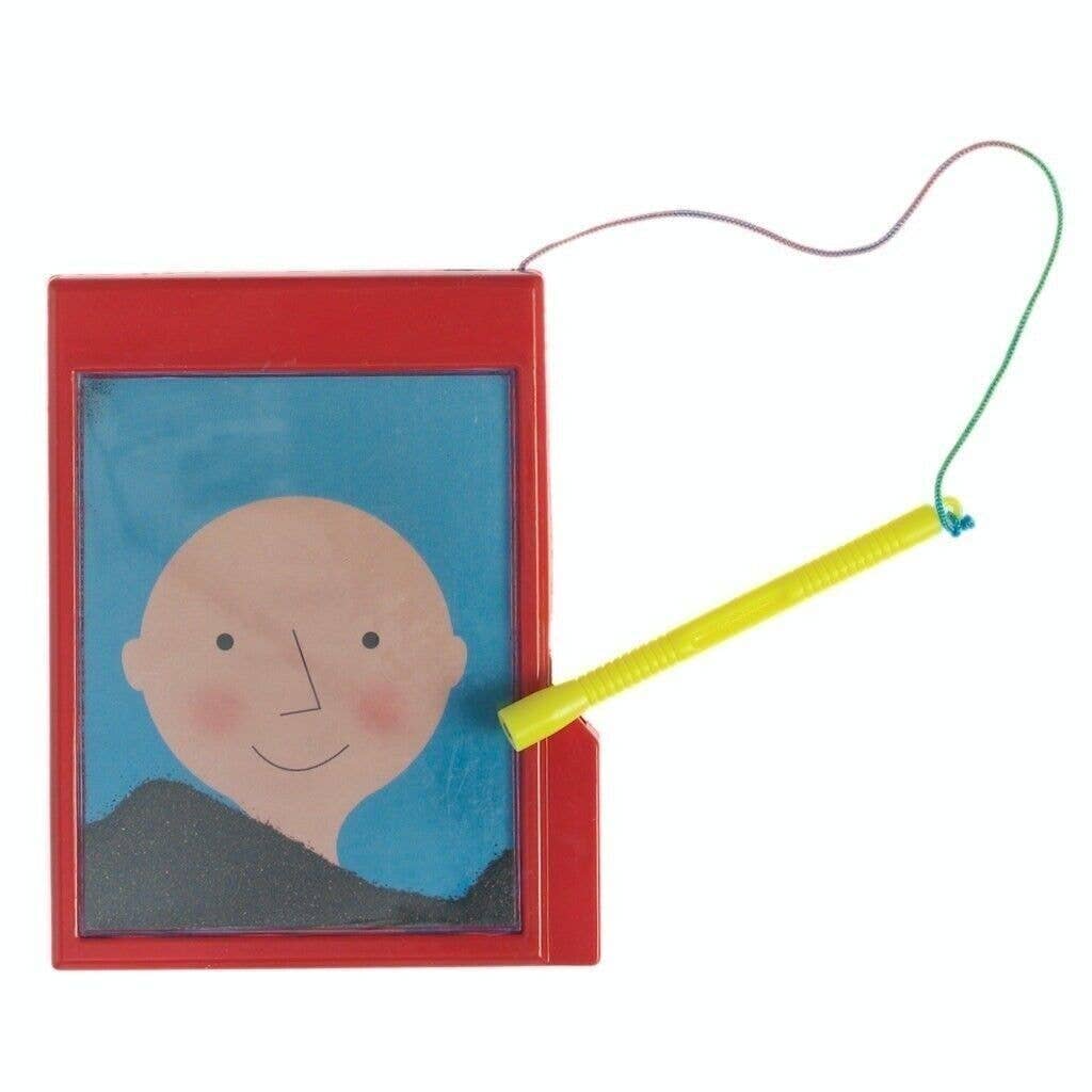 Toy fishing game with a red frame and blue background featuring a face, yellow rod, and green line.