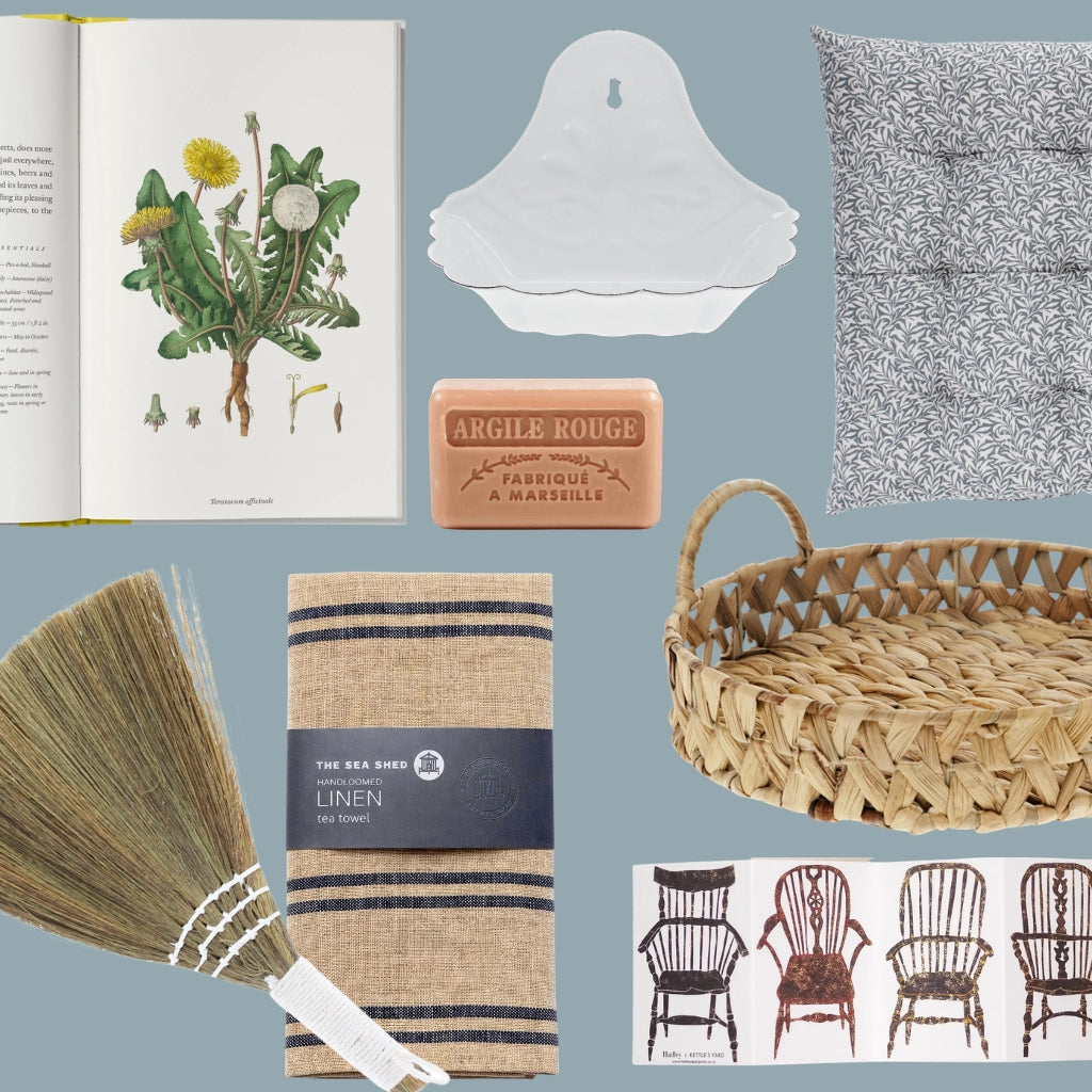 Collage of various home and lifestyle items including a book, soap, basket, broom, and towel on a blue background.