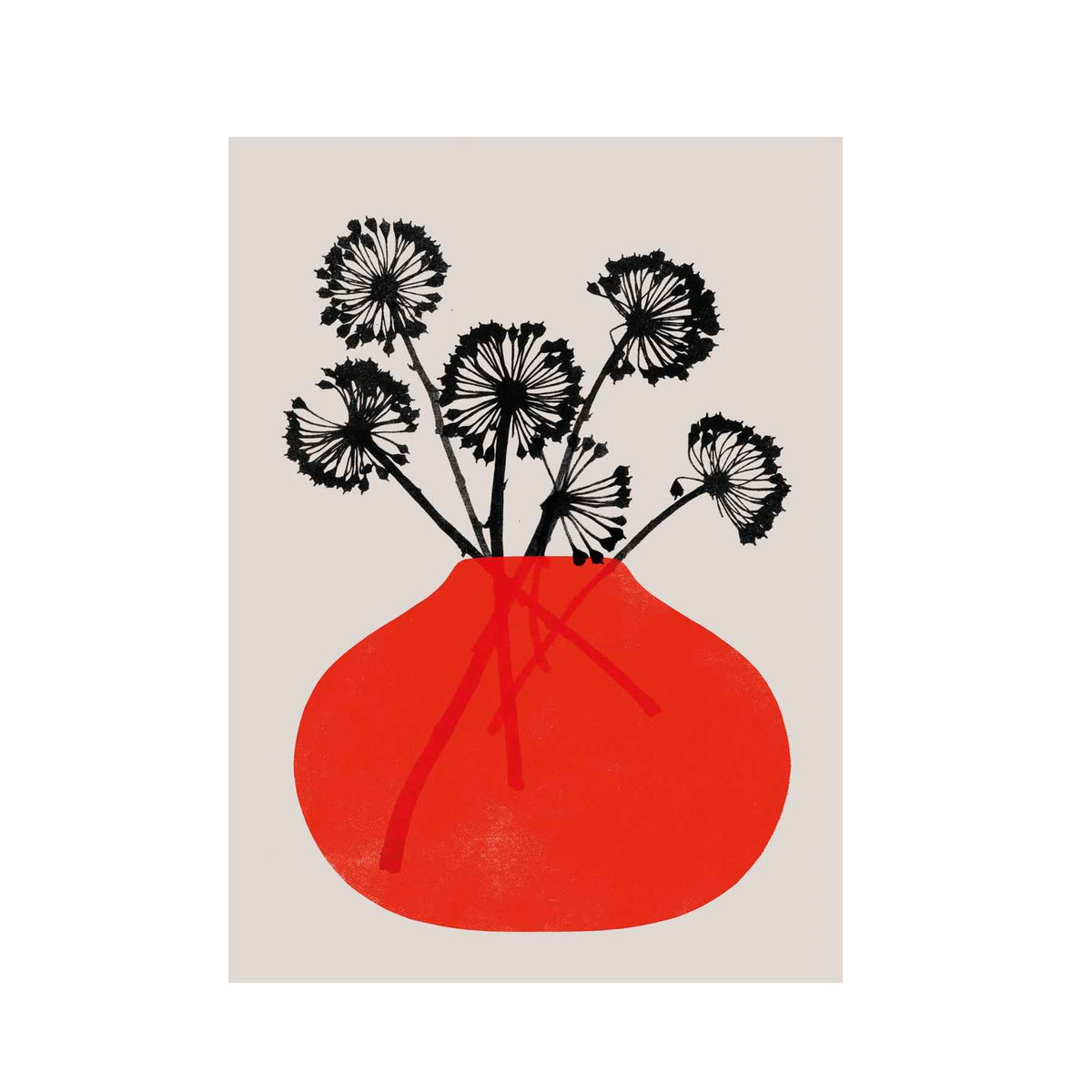 A minimalist art print featuring a bright red vase with black dandelion silhouettes on a light beige background, centered on a white canvas.
