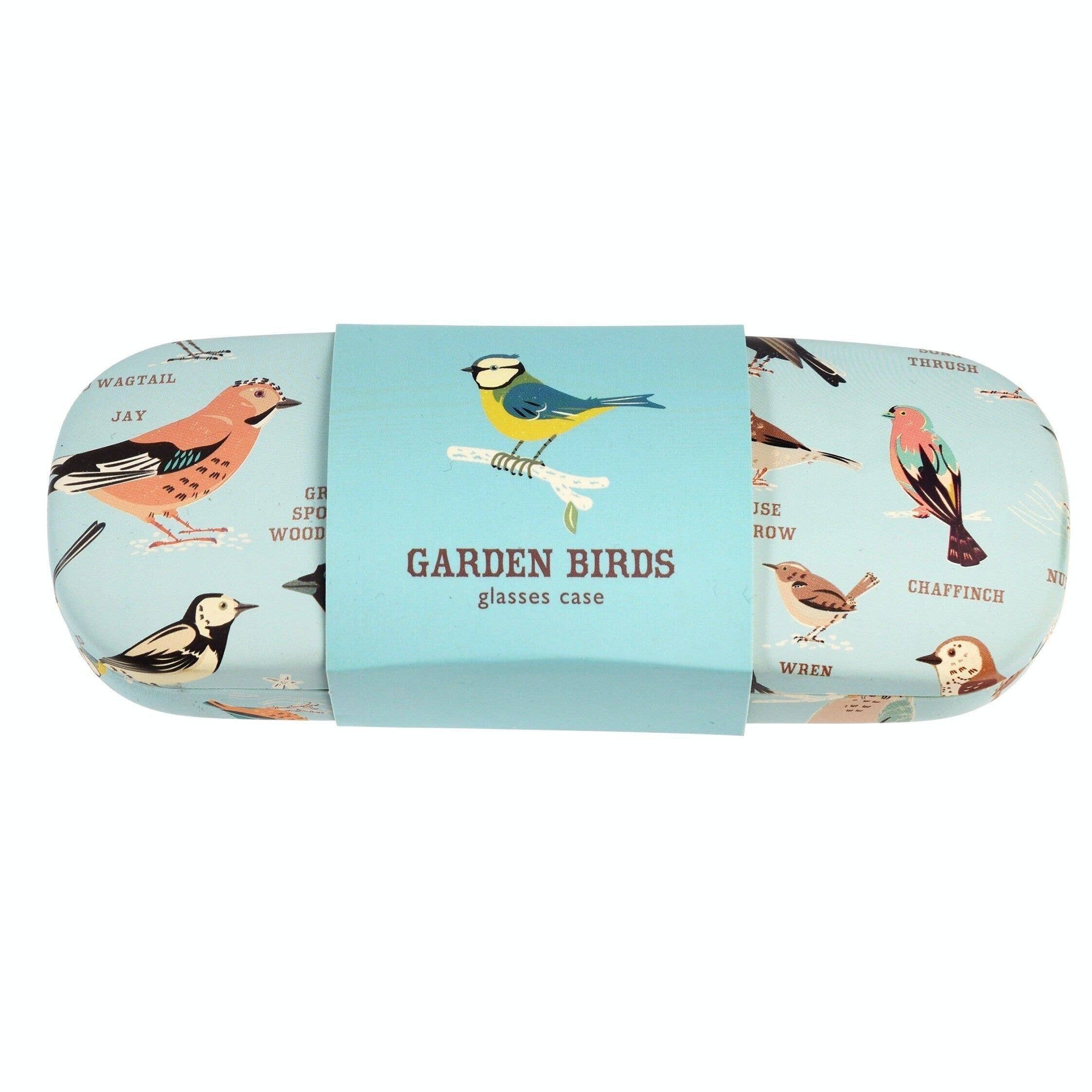 Glasses case with garden bird illustrations on a light blue background