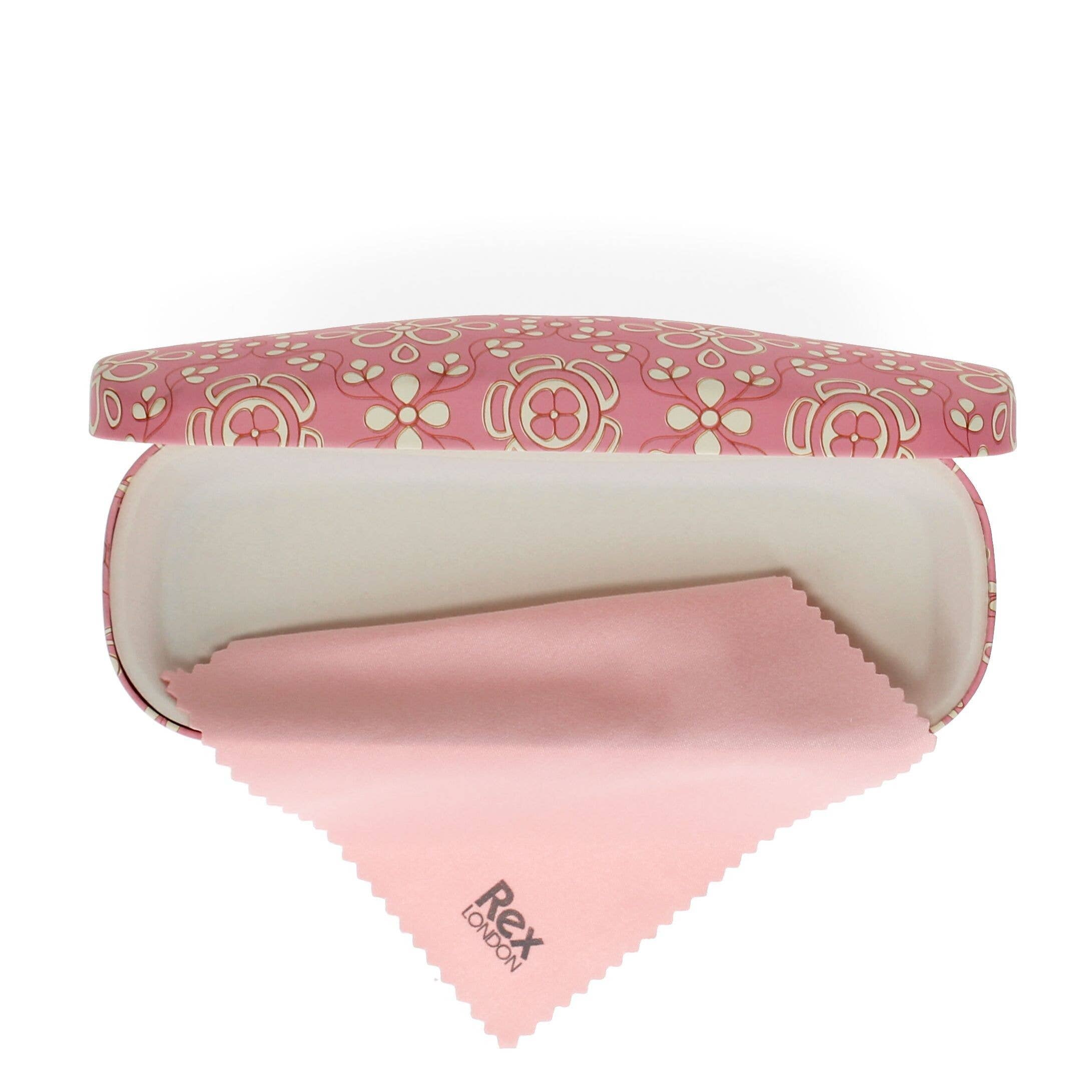 Pink floral-patterned case with a matching cloth on a white background