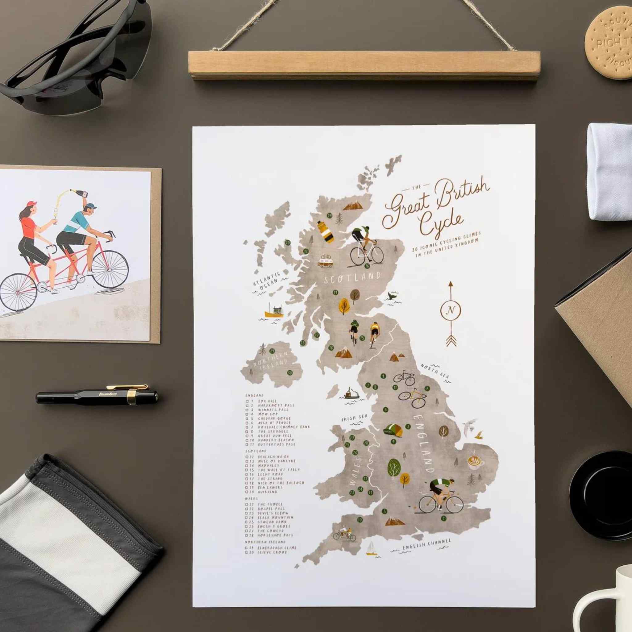 Great British Cycle Print - Illustrated Map & Wooden Frame