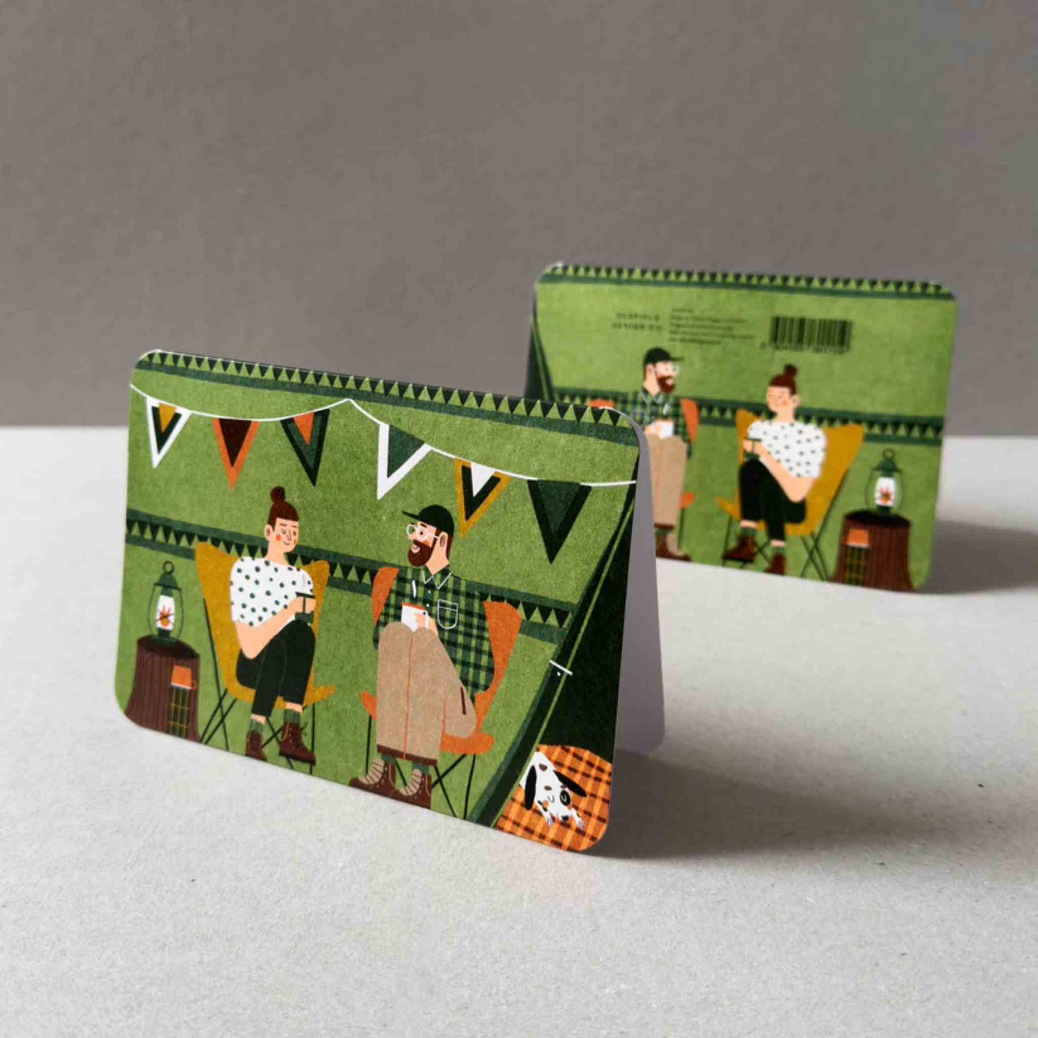 Green Tent Couple and Dog Camping Card