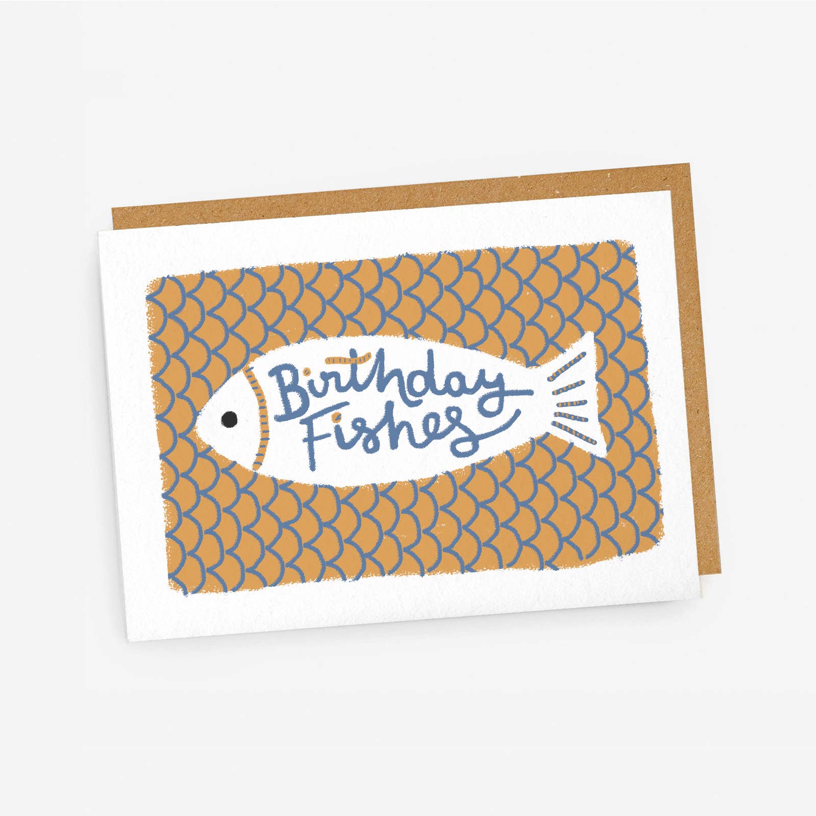 Greeting card with fish illustration and 'Birthday Fishes' text on a white background