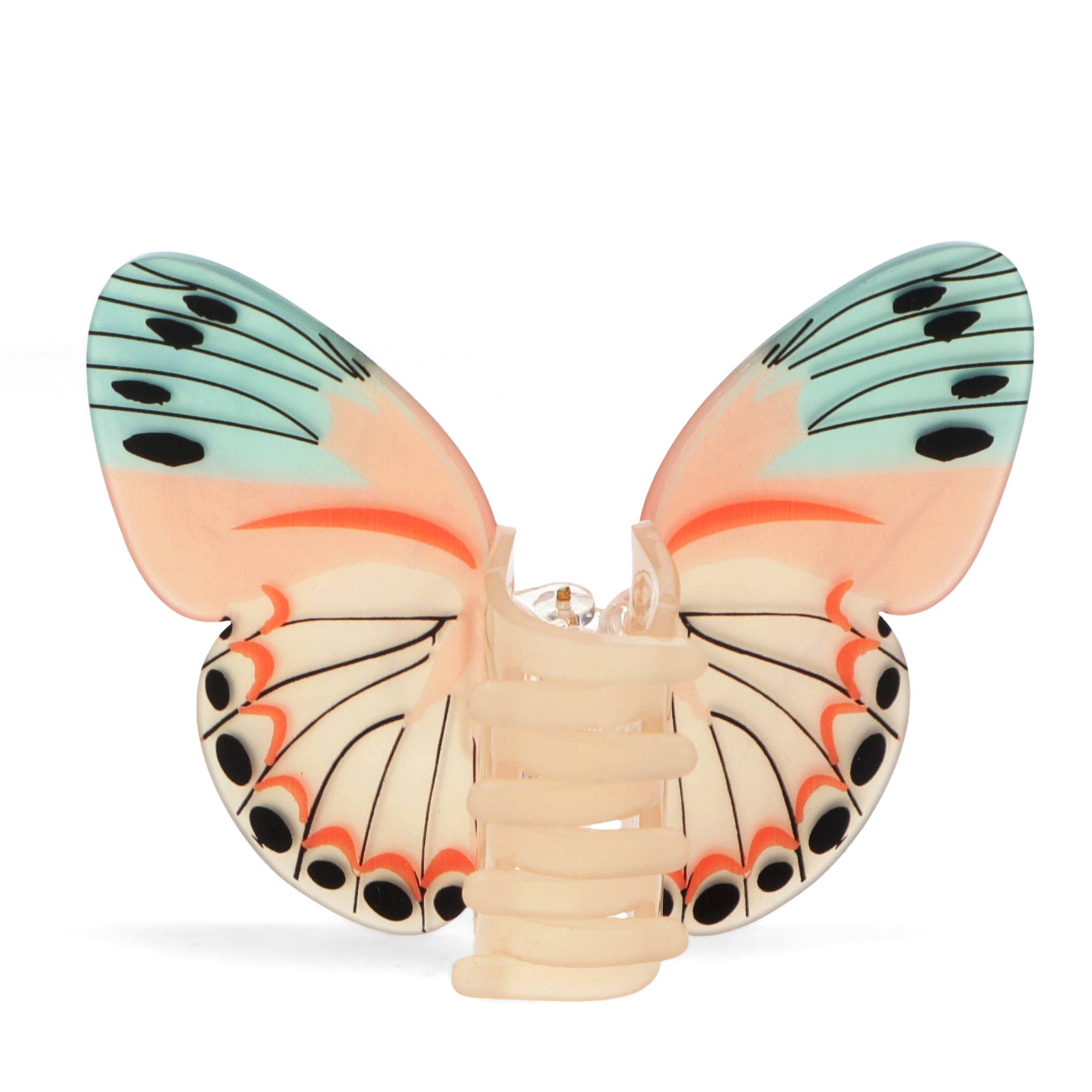 Butterfly-shaped hair clip with colorful wings on a white background