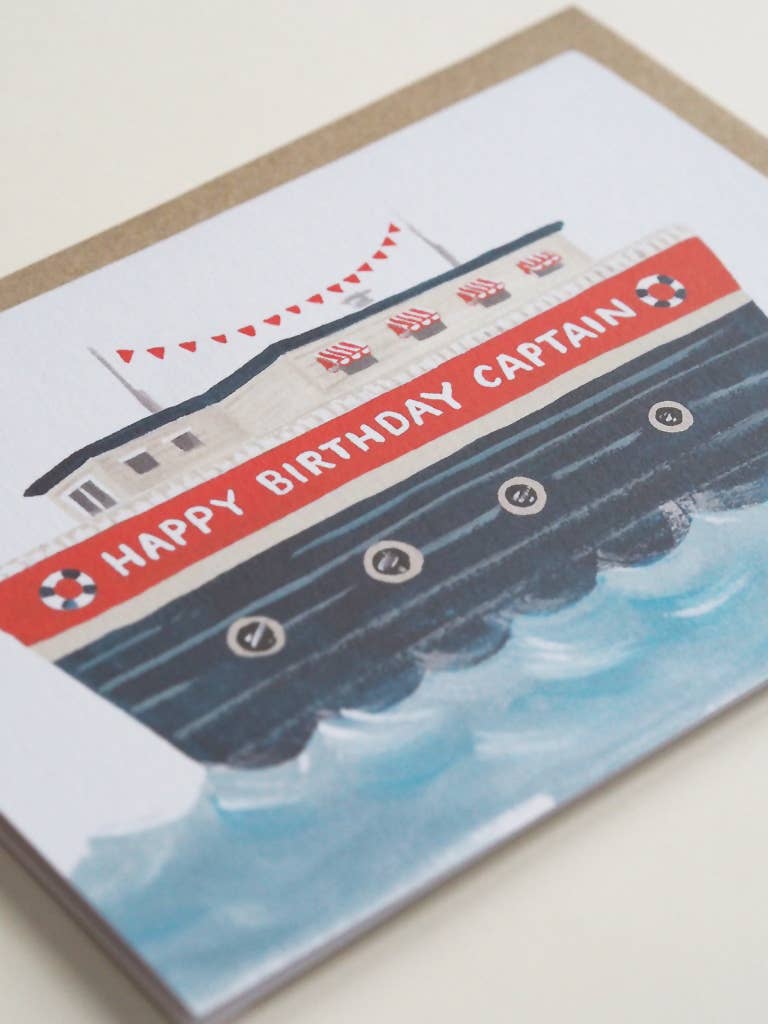 Card with a ship design and 'Happy Birthday Captain' text on a white background