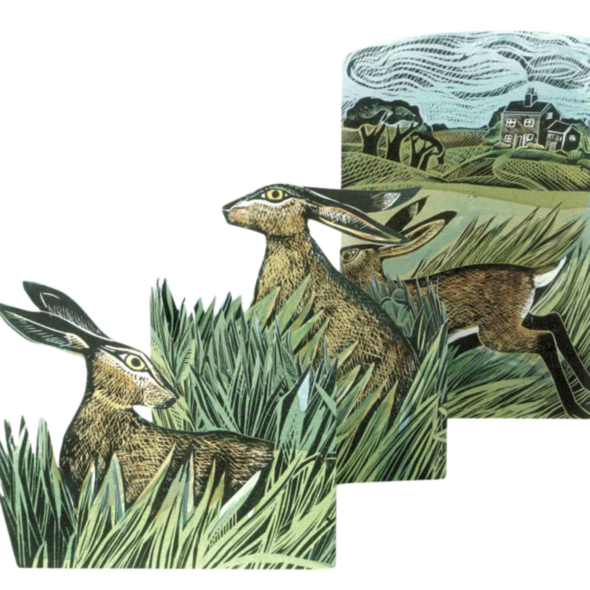 Hares and Open Field | Die-Cut Card