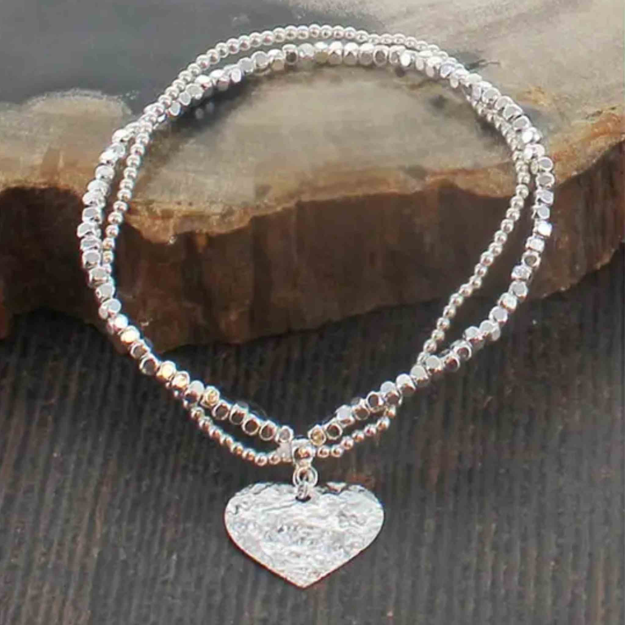 Heart Charm Two- Strand Elasticated Bracelet | Silver Plate