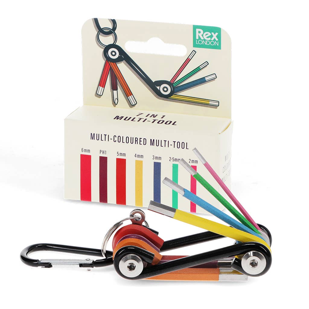 Multi-colored multi-tool with packaging displaying 'Rex London' brand on a white background