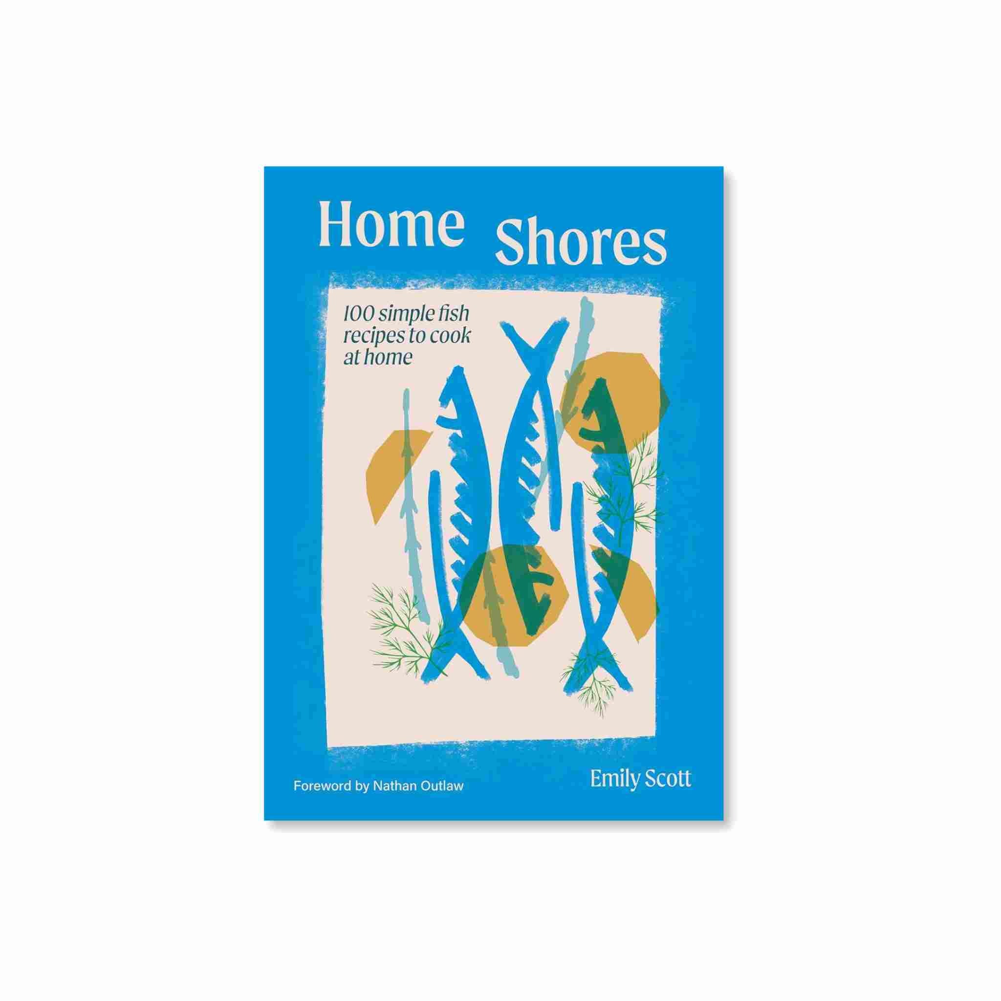 Book cover of 'Home Shores' with blue border and fish illustrations on a white background