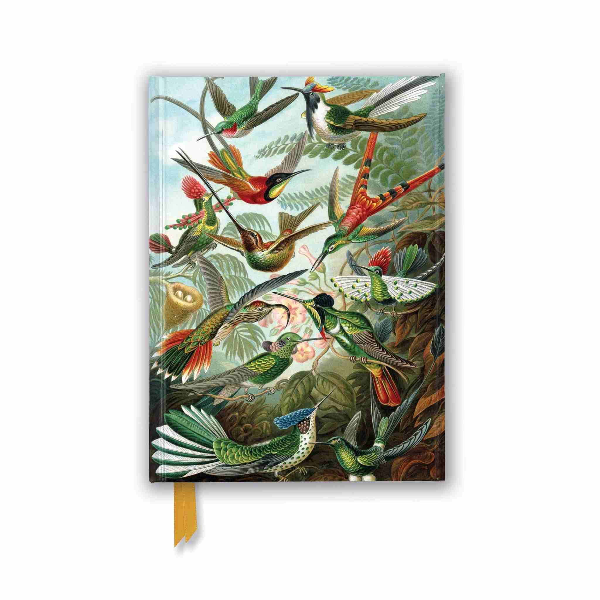 Journal with colorful hummingbird illustration on a white background