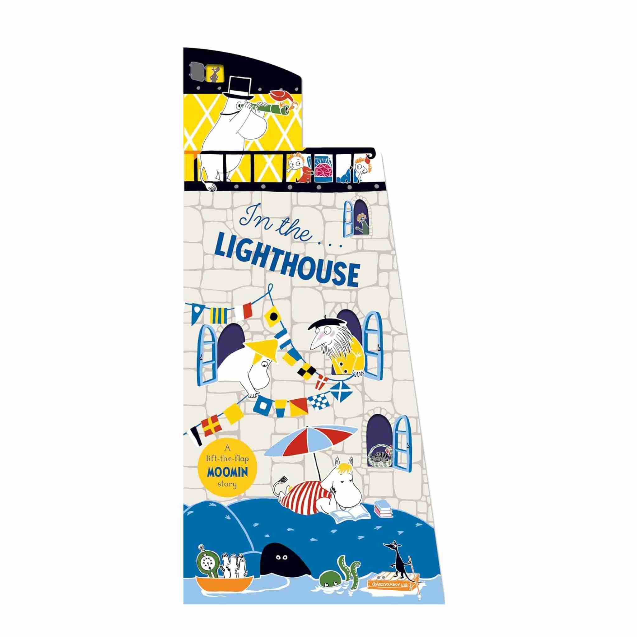 Book cover of 'In the Lighthouse' featuring Moomin characters on a lighthouse background.