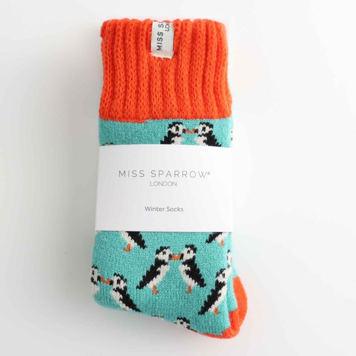 Kissing Puffins Winter Socks | Duck Egg & Orange | Women Size 3-7