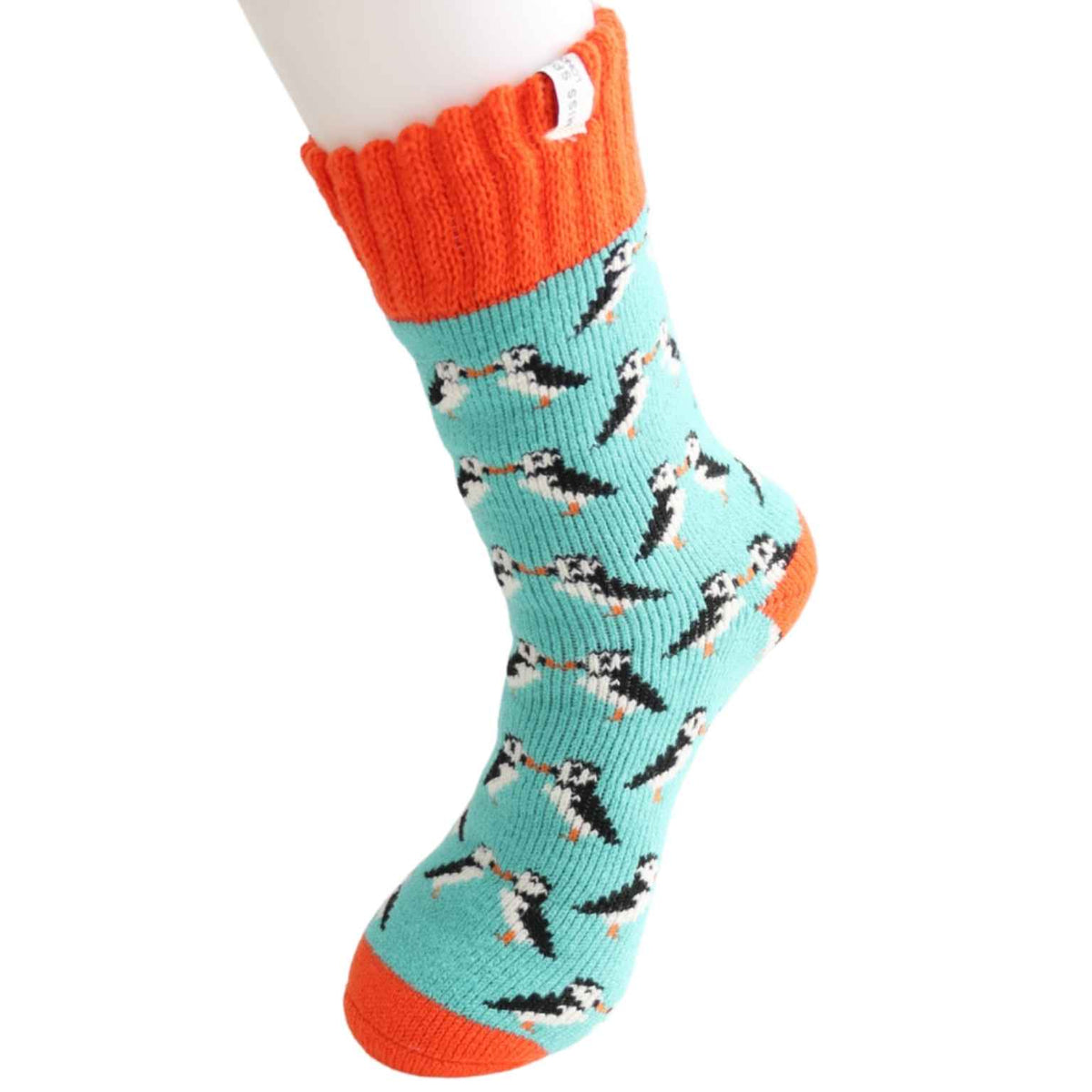 Kissing Puffins Winter Socks | Duck Egg & Orange | Women Size 3-7