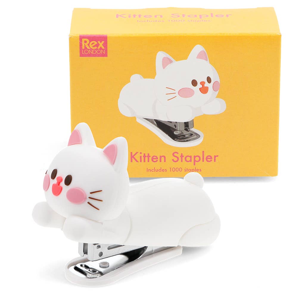 Kitten-shaped stapler with a yellow box featuring the same design on a white background