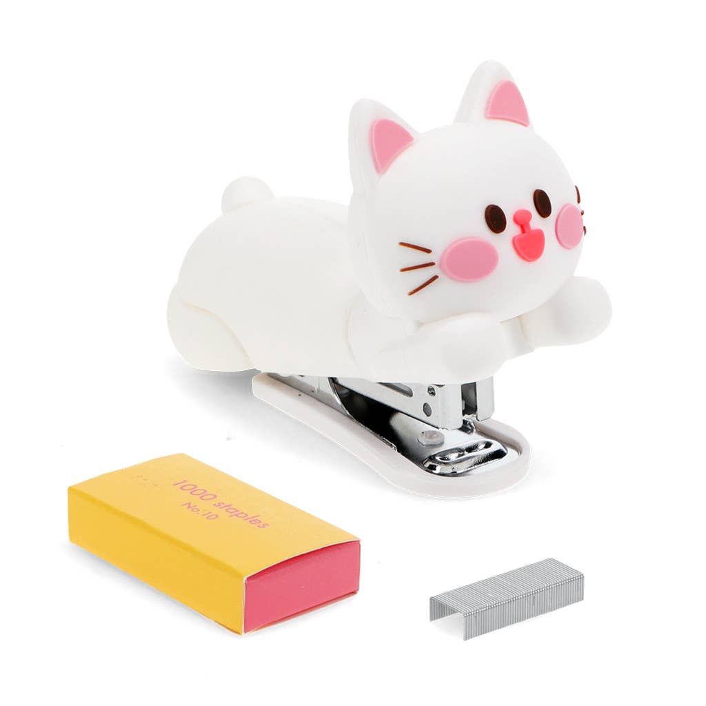White cat-shaped stapler with accessories on a white background