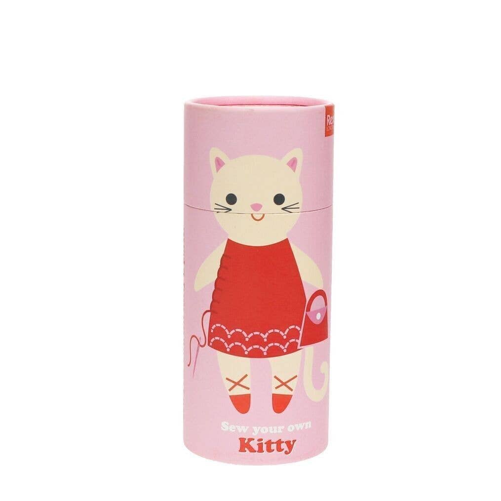 Pink cylindrical container with a cartoon cat design on a white background
